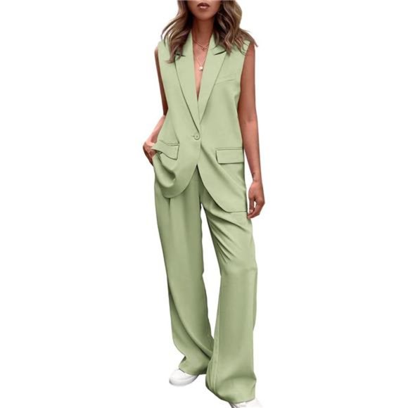 2 Piece Outfits Sleeveless Suit Vest and Wide Leg Pants Blazer Sets For Women - Picture 1 of 7